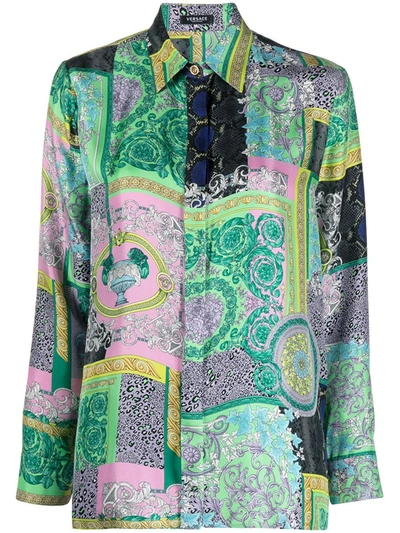 Versace Patchwork Barocco Button-up Silk Blouse In Green,pink,gold