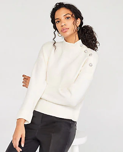 Ann Taylor Jeweled Button Mock Neck Sweater In Winter White
