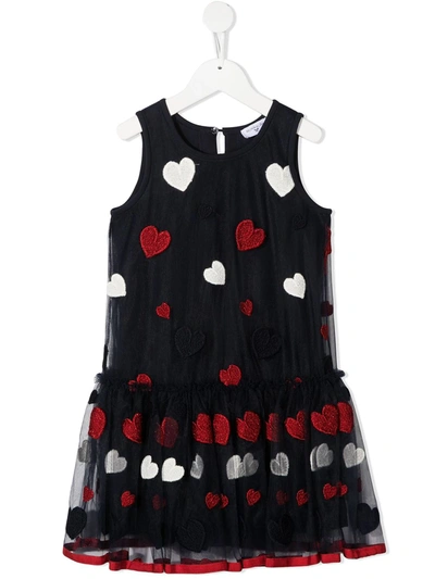Monnalisa Kids' Embroidered Heart Tulle Dress In Navy