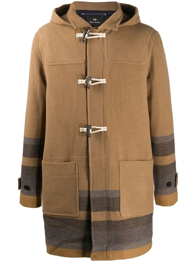 Ps By Paul Smith Striped Hem Duffle Coat In Brown