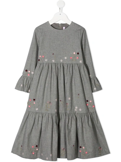 Il Gufo Kids' Floral Embroidered Long Tiered Dress In Grey