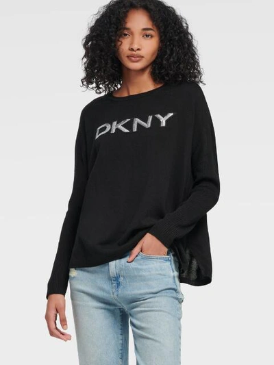 Dkny Women's Drop Shoulder Sequin Logo Sweater - In Black/silver