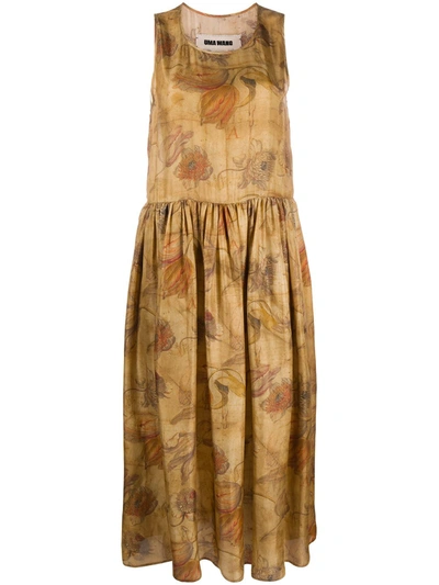 Uma Wang Sunflower Print Midi Silk Dress In Neutrals