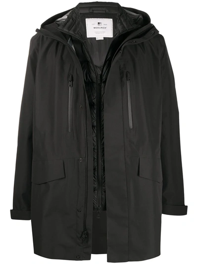 Woolrich Layered Padded Raincoat In Black