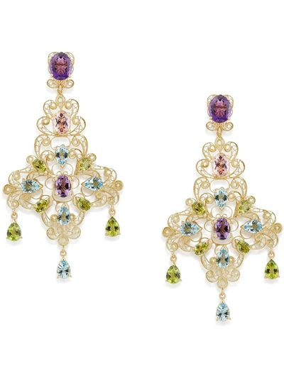 Dolce & Gabbana Pizzo Earrings In Yellow Gold Filigree With Amethysts, Aquamarines, Peridots And Morganites