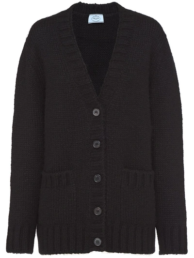 Prada V-neck Knitted Cardigan In Black