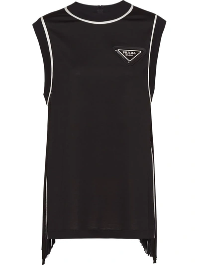 Prada Logo Patch Fringed Tank Top In Black