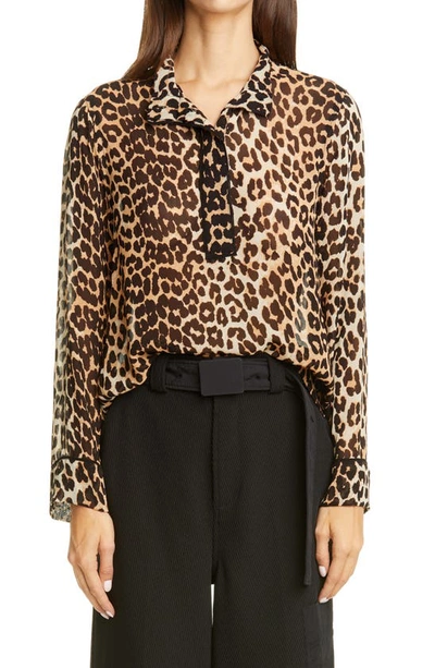 Ganni Leopard Printed Georgette Long-sleeve Blouse