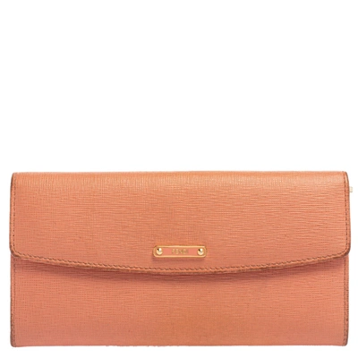 Pre-owned Fendi Peach Leather Logo Flap Continental Wallet In Orange