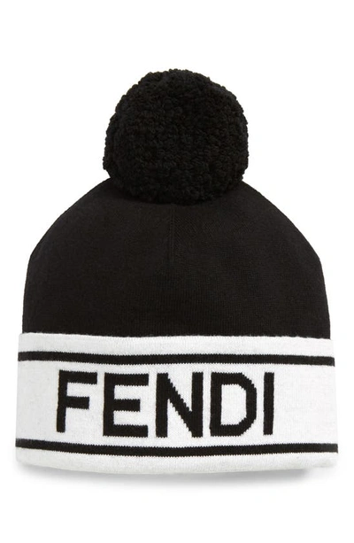 Fendi Logo Cuff Cotton & Wool Beanie In Black