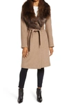 Ellen Tracy Wool Blend Wrap Coat With Removable Faux Fur Collar In Brown