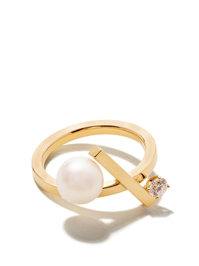 Tasaki 18kt Yellow Gold Collection Line Balance Cross Akoya Pearl And Diamond Ring In Or Jaune