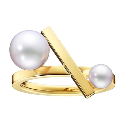 Tasaki 18kt Yellow Gold Collection Line Balance Cross Akoya Pearl Ring In Or Jaune