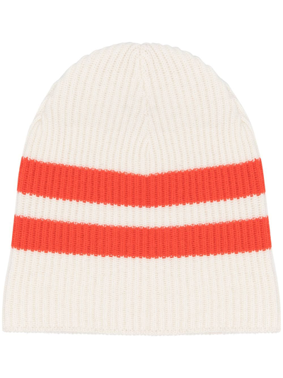 Cashmere In Love Striped Ribbed-knit Beanie In Neutrals