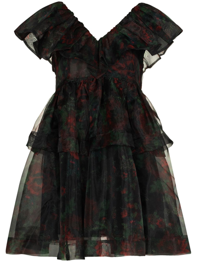 Ganni Black Organza Ruffled Mini Dress