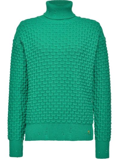 Pinko Roll-neck Waffle Knit Sweater In Green