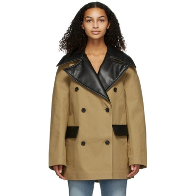 Nanushka Double-breasted Leather-trimmed Cotton-canvas Coat In Beige