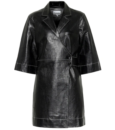 Ganni Topstitch Outline Lamb Leather Wrap Dress In Black