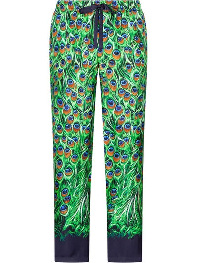 Dolce & Gabbana Silk Pajama Pants With Peacock Print In Green