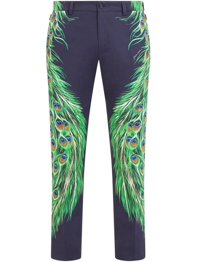 Dolce & Gabbana Stretch Cotton Pants With Peacock Print In Blue