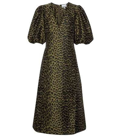 Ganni Leopard Print Crispy Jacquard Puff-sleeve Midi Dress In Olive