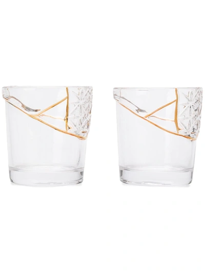 Seletti Set Of Two Gold-trimmed Cut Crystal Glasses