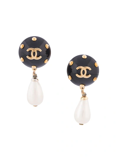 Pre-owned Chanel 1996 Cc Pearl-embellished Clip-on Earrings In Black
