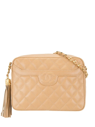 Pre-owned Chanel 1992 Cc Tassel Diamond-quilted Shoulder Bag In Neutrals