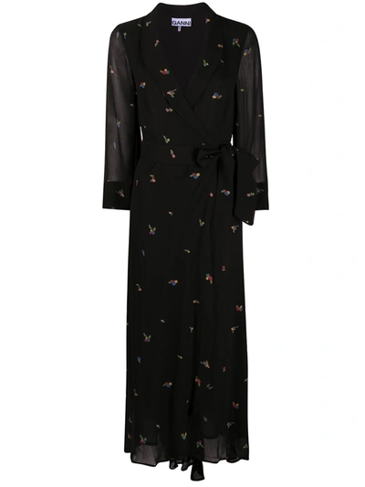 Ganni Floral-print Wrap Maxi Dress In Black