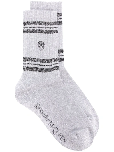 Alexander Mcqueen Stripe Skull Sport Socks In Silver