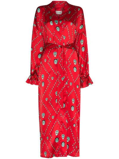 Kirin Mask Print Kimono Dressing Gown In Red