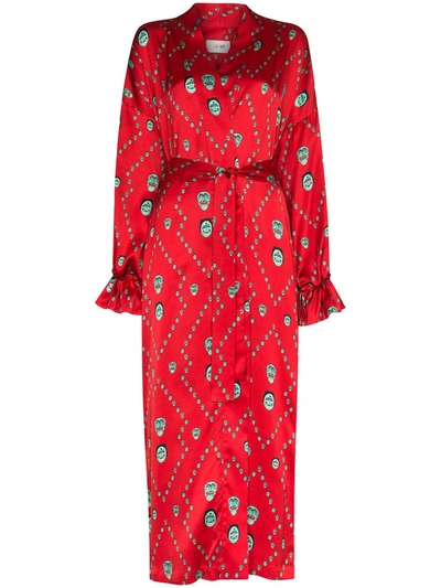 Kirin Mask Print Kimono Robe In Red