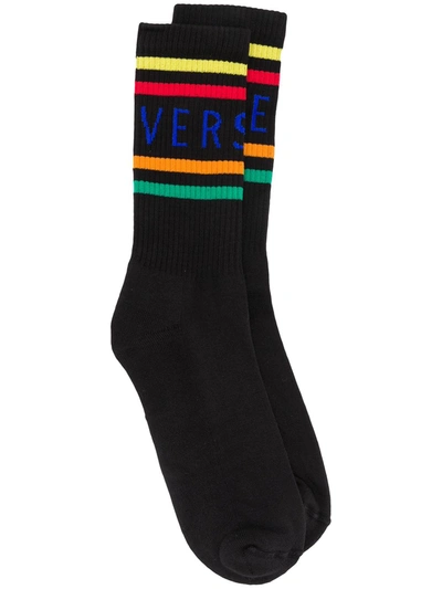 Versace Logo Stripe Socks In Black