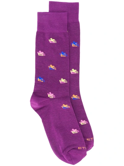 Etro Ribbed Knit Logo Socks In Purple