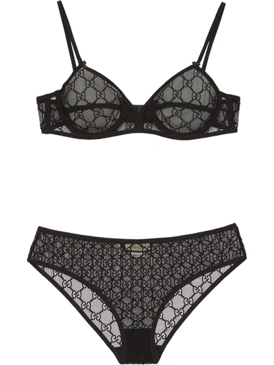 Gucci Gg Embroidered Tulle Underwear Set In Black