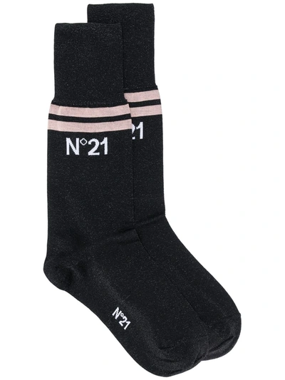 N°21 Glitter Logo Print Ankle Socks In Black