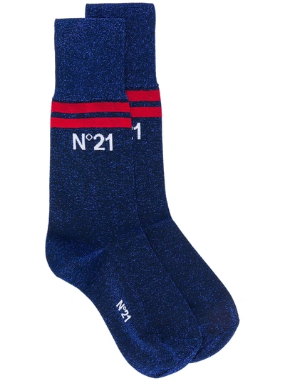 N°21 Glitter Logo Print Ankle Socks In Blue