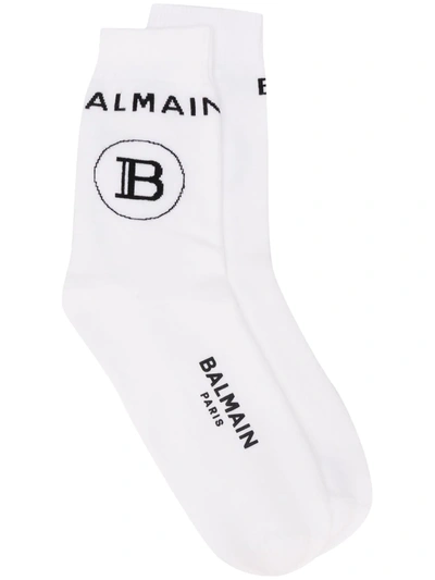 Balmain Logo Print Mid-length Socks In White