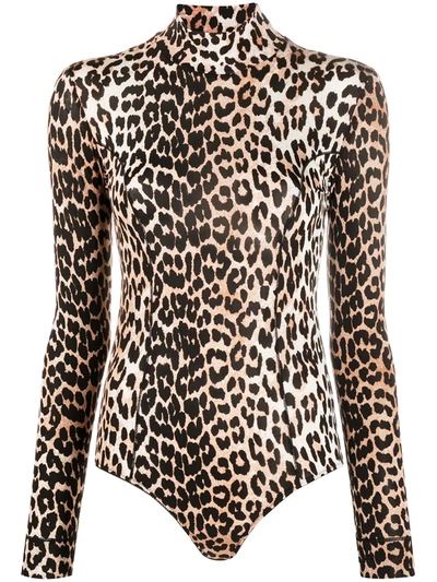 Ganni Leopard-print Bodysuit In Brown