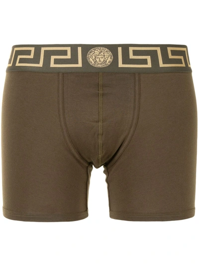 Versace Greca Border Long Boxer Trunks In Green/gold