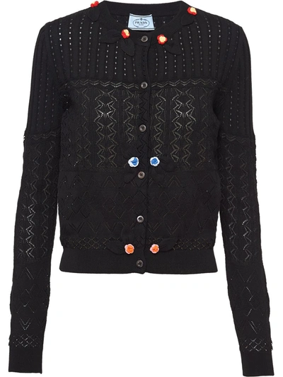Prada Floral Appliqué Knitted Cardigan In Black
