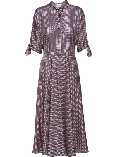 Prada Tie-print Silk Belted Fit-&-flare Midi Dress In Blue