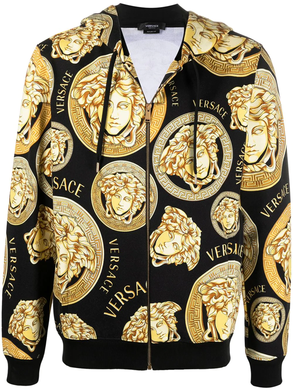 Versace Allover Print Zip-up Sweatshirt Hoodie In Blackgold | ModeSens