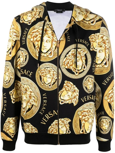 Versace Allover Print Zip-up Sweatshirt Hoodie In Black