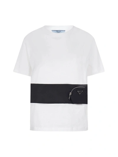 Prada Pouch-detail Cotton T-shirt In Bianco Nero