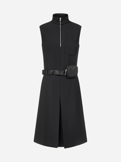 Prada Pouch-belt Re-nylon Mini Dress In Nero