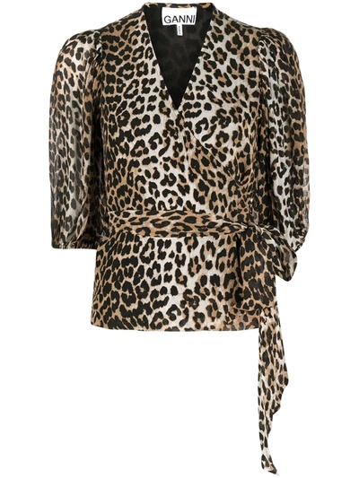 Ganni Leopard-print Wrap Top In Brown