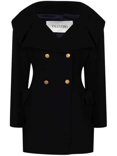 Valentino Off-the-shoulder Double-breasted Wool-twill Coat In Blue
