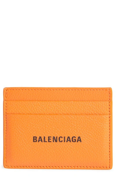 Balenciaga Cash Logo Leather Card Case In Orange/ Black
