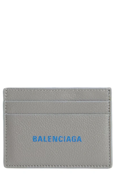 Balenciaga Cash Logo Leather Card Case In Dark Grey/ Blue